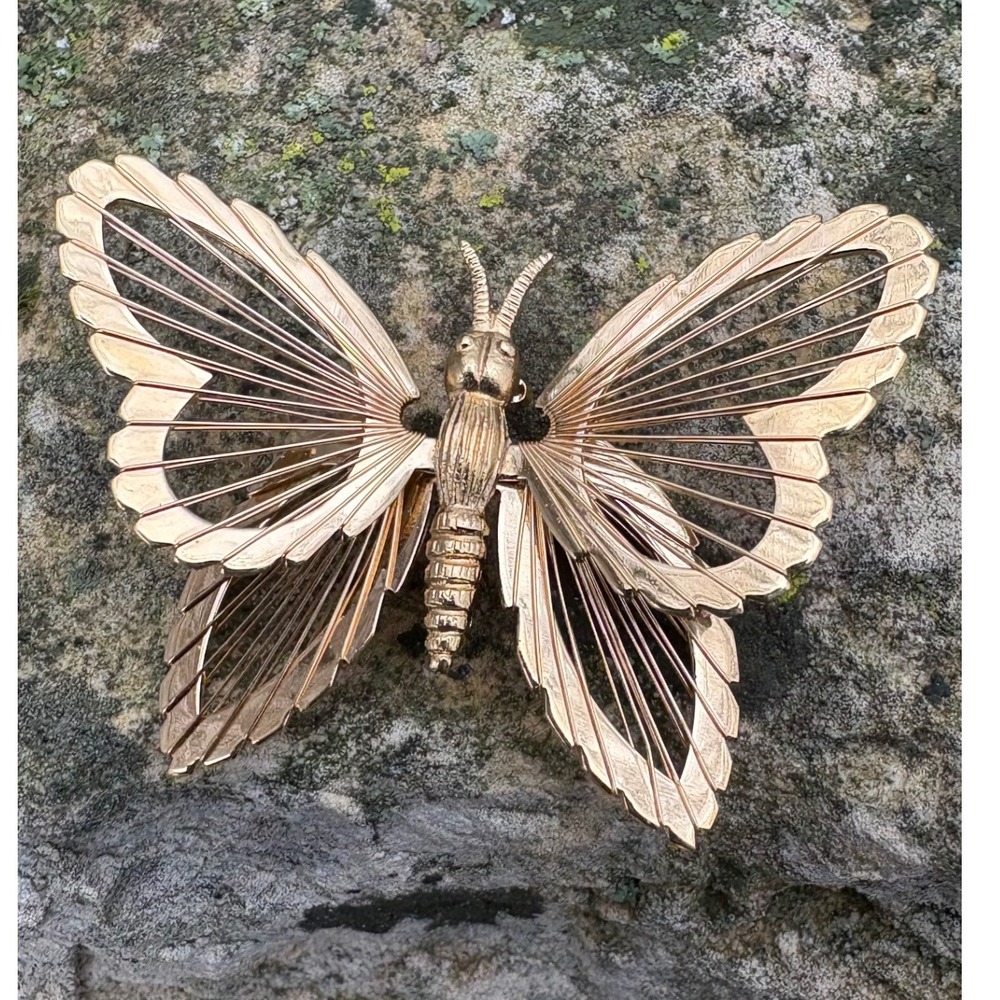 Vintage Gold Tone Butterfly Brooch Black Enamel Statement Pin‎ Wings